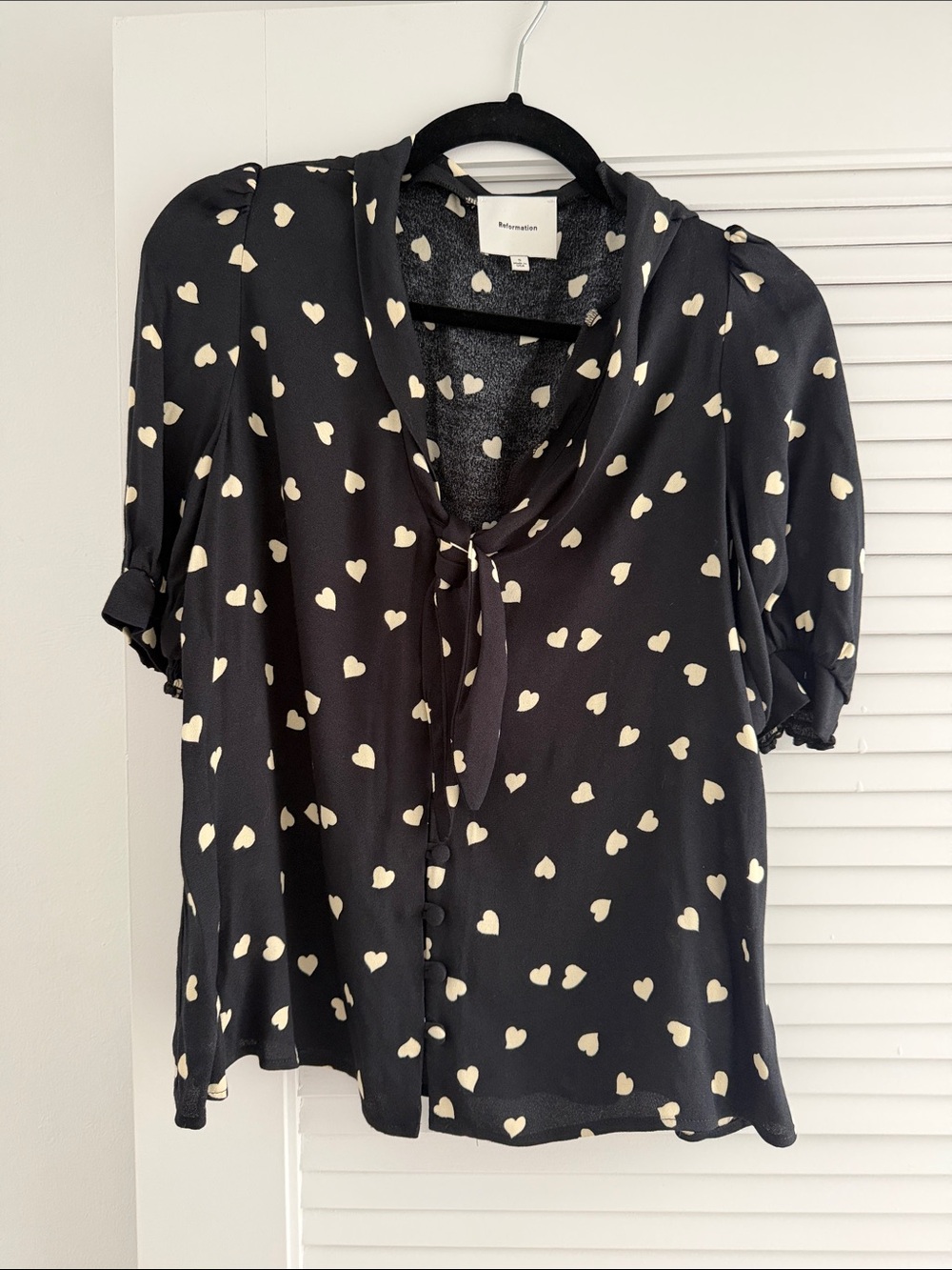 Reformation Black Heart-Print Tie-Neck Blouse